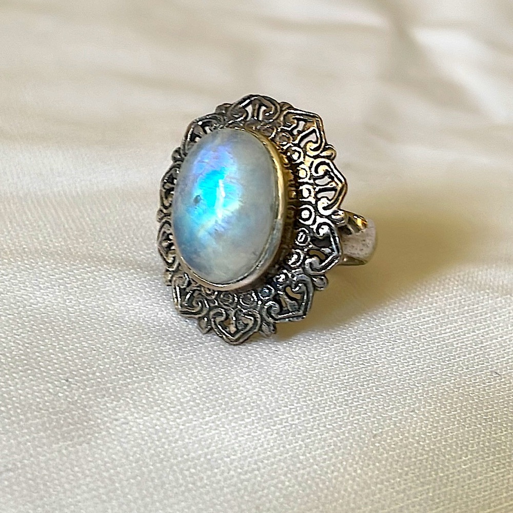 Sterling Silver and Rainbow Moonstone Ring - Size 6.5